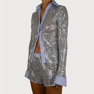 Hand Over the Label Silver Sequin Cardigan with Blue Accents. ❤️